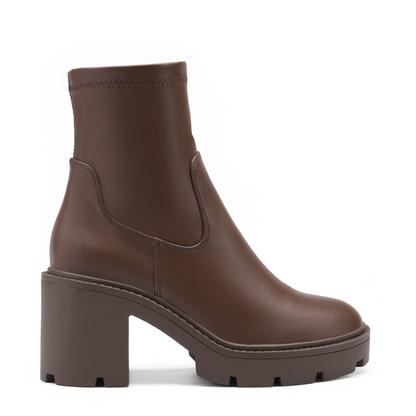 Elastic Chunky Heel Lug Sole Booties - BROWN PU - 2